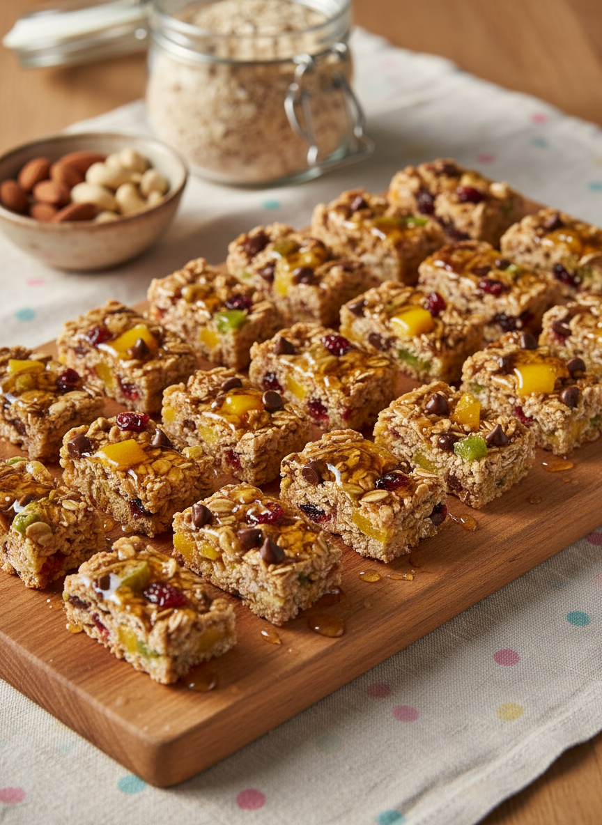 A close-up photographic view of a wooden cutting board filled with neatly arranged homemade granola bars cut into small kid-friendly rectangles. The bars are packed with visible oats, tiny chocolate chips, colorful dried fruit bits, and a drizzle of glossy honey on top, giving them a textured, rustic appearance. The board rests on a light, linen tablecloth patterned with soft pastel polka dots. Diffused afternoon light from a nearby window casts gentle highlights on the sticky surfaces and subtle shadows along the edges. In the softly blurred background, a glass jar of oats and a small bowl of nuts add context without distraction. Shot at a slightly elevated angle with shallow depth of field, the mood is cozy, wholesome, and playful, emphasizing simple, healthy homemade snacks in a clean, modern photographic style.