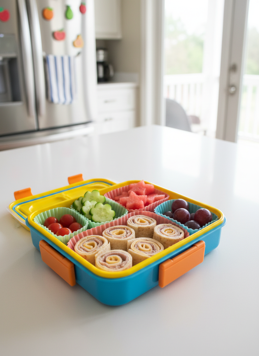 A brightly colored lunchbox opened on a white kitchen counter, filled with an orderly, photographic arrangement of kid-friendly snacks. One compartment holds flower-shaped cucumber slices and cherry tomatoes, another contains star-cut watermelon and grapes, and a third features small roll-up sandwiches made from whole-grain tortillas. Silicone cupcake liners in pastel shades separate each snack, keeping everything tidy and cheerful. Natural daylight from a large window to the right creates crisp, fresh highlights and soft, minimal shadows, giving the scene a clean, airy feeling. In the softly blurred background, a fridge with colorful fruit magnets and a striped dish towel hint at a playful family kitchen. Captured at eye level with a balanced composition and moderate depth of field, the image feels vibrant, organized, and fun, perfectly suited for a kids snack blog.